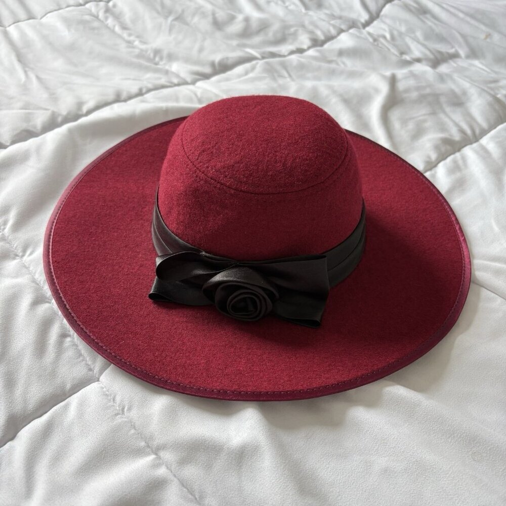 Vintage 90s Y2K Nicole Marciano Wide Brimmed Felt Womens Hat Red Black‎ Bow Rose